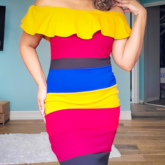 Multicolor Rainbow Stripe Off the Shoulder Dress - Picture 3 of 8